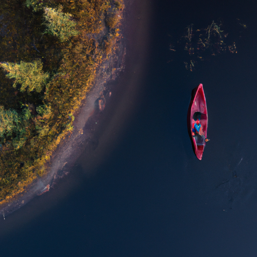 Aerial view of a person in a red canoe paddling along a dark, calm river, with a forested shoreline visible to the left.