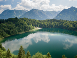 Scenic view of a lake surrounded by dense forest with mountains in the background under a partly cloudy sky.